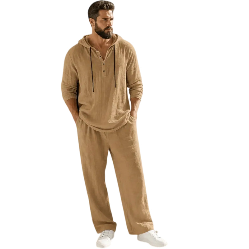 ⏰Clearance Sale⚡10-Sets Only $37.99 ⚡ Two-Piece Linen Set with Hooded Henley Top and Relaxed Trousers