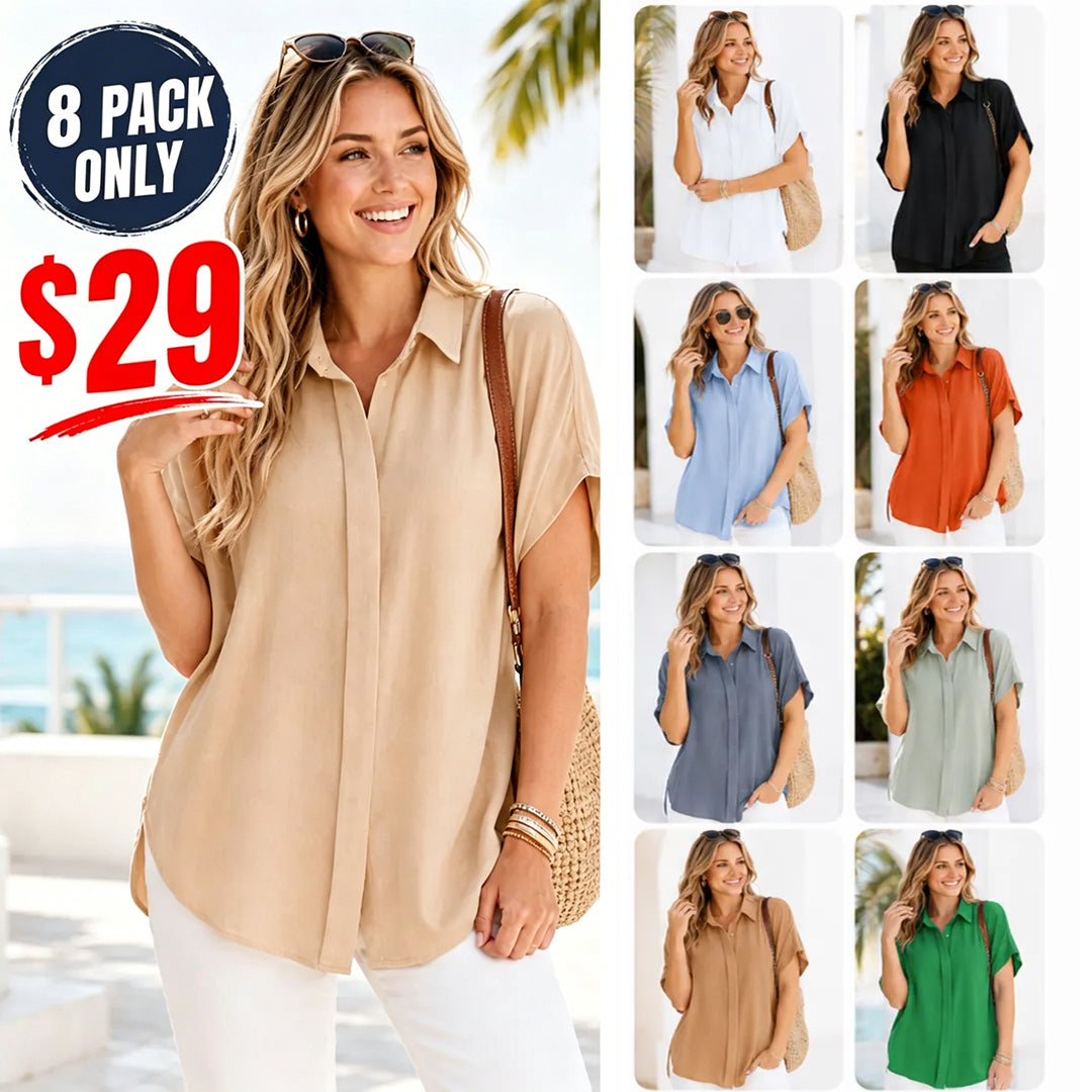 Women's Tops Dressy Casual V Neck Button Down Shirts Solid Short Sleeve Blouses Oversized Fit Batwing Collared Baggy Minimalist Style