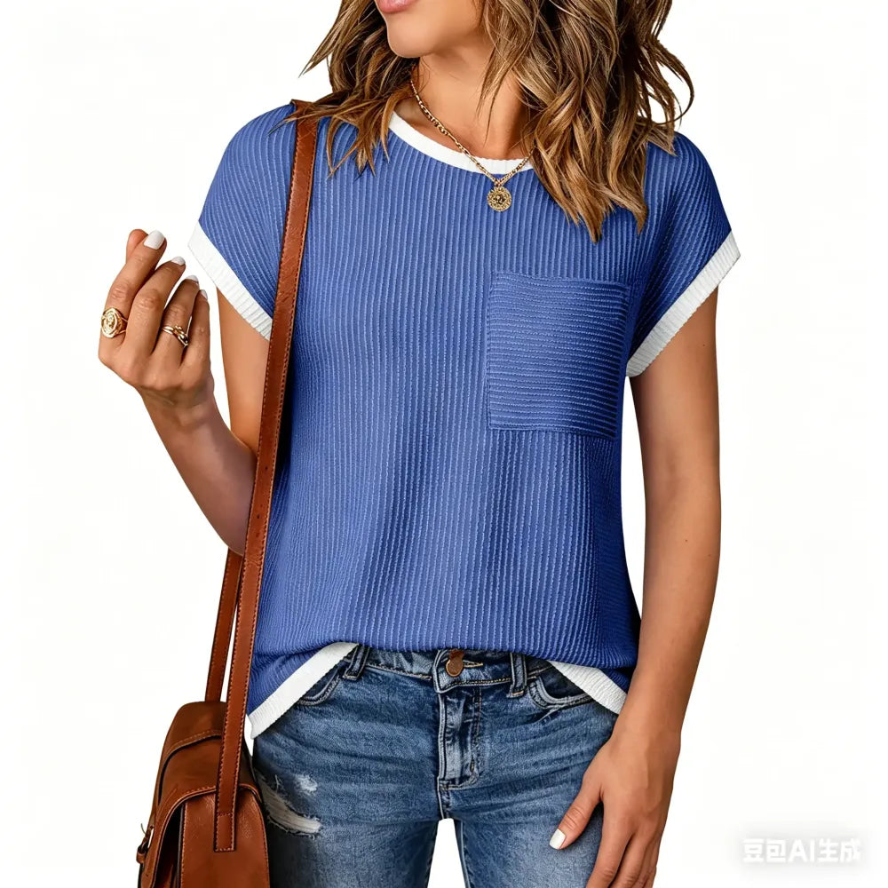 ❤️Women's Crewneck Short Sleeve Color Block Ribbed Knitwear Slim Fitted Blouses Tops