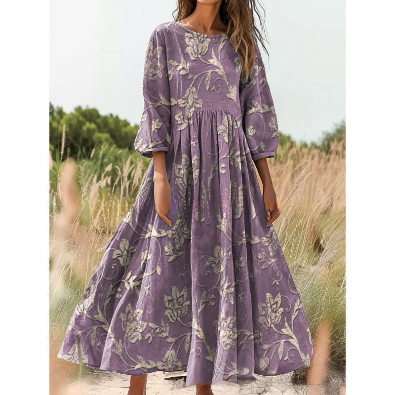Women's Vintage Floral Print Loose Maxi Dress – Casual 3/4 Sleeve Boho Long Dress