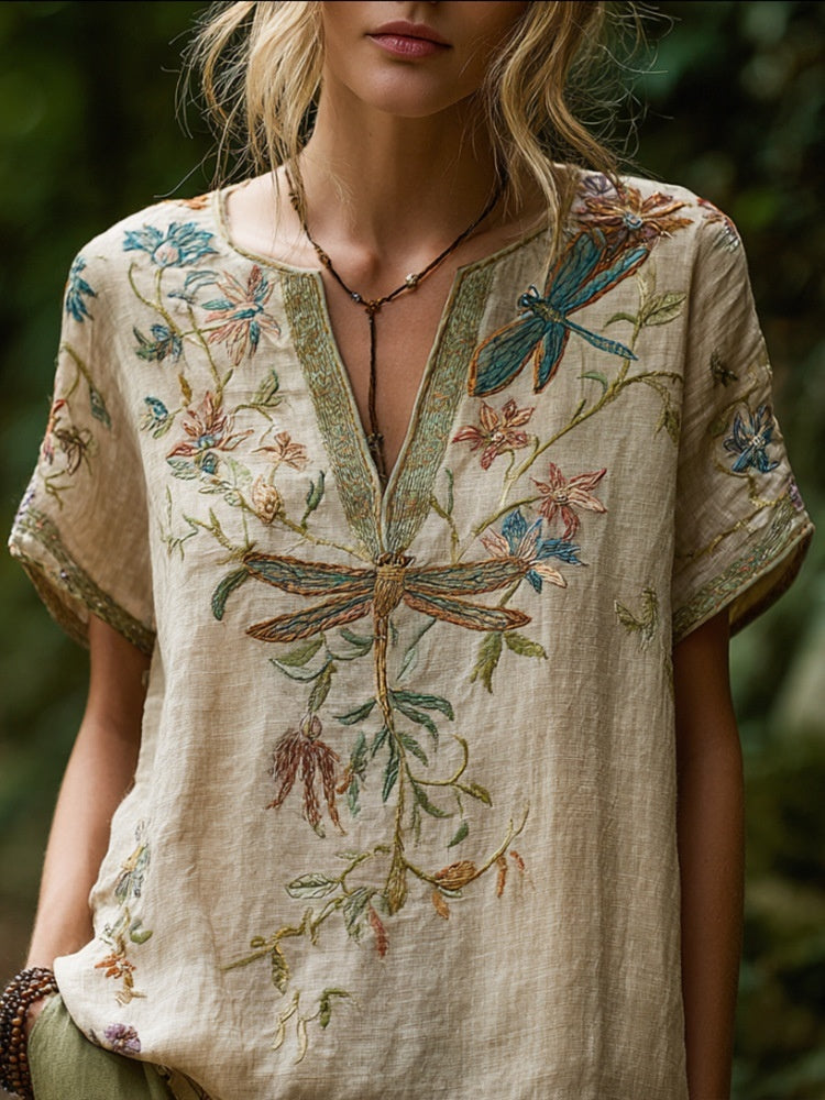 Comfortable and trendy women's clothing, Bohemian style V-neck short-sleeved T-shirt