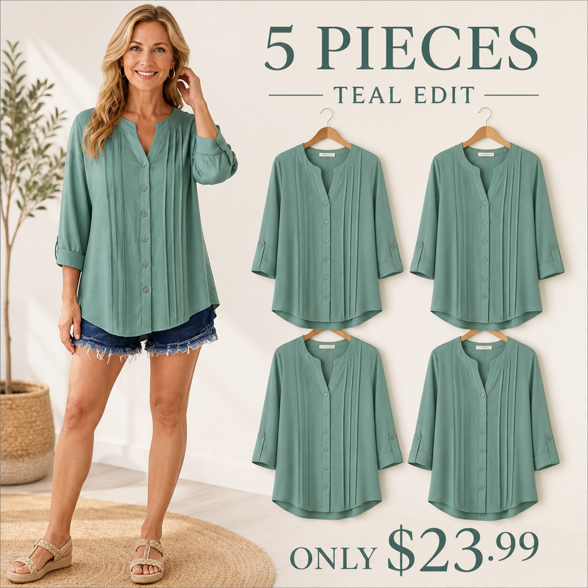 FINAL CLEARANCE - 10-Pack Only $39.99 - Women's Relaxed Pleated Button-Front Three-Quarter-Sleeve Blouse