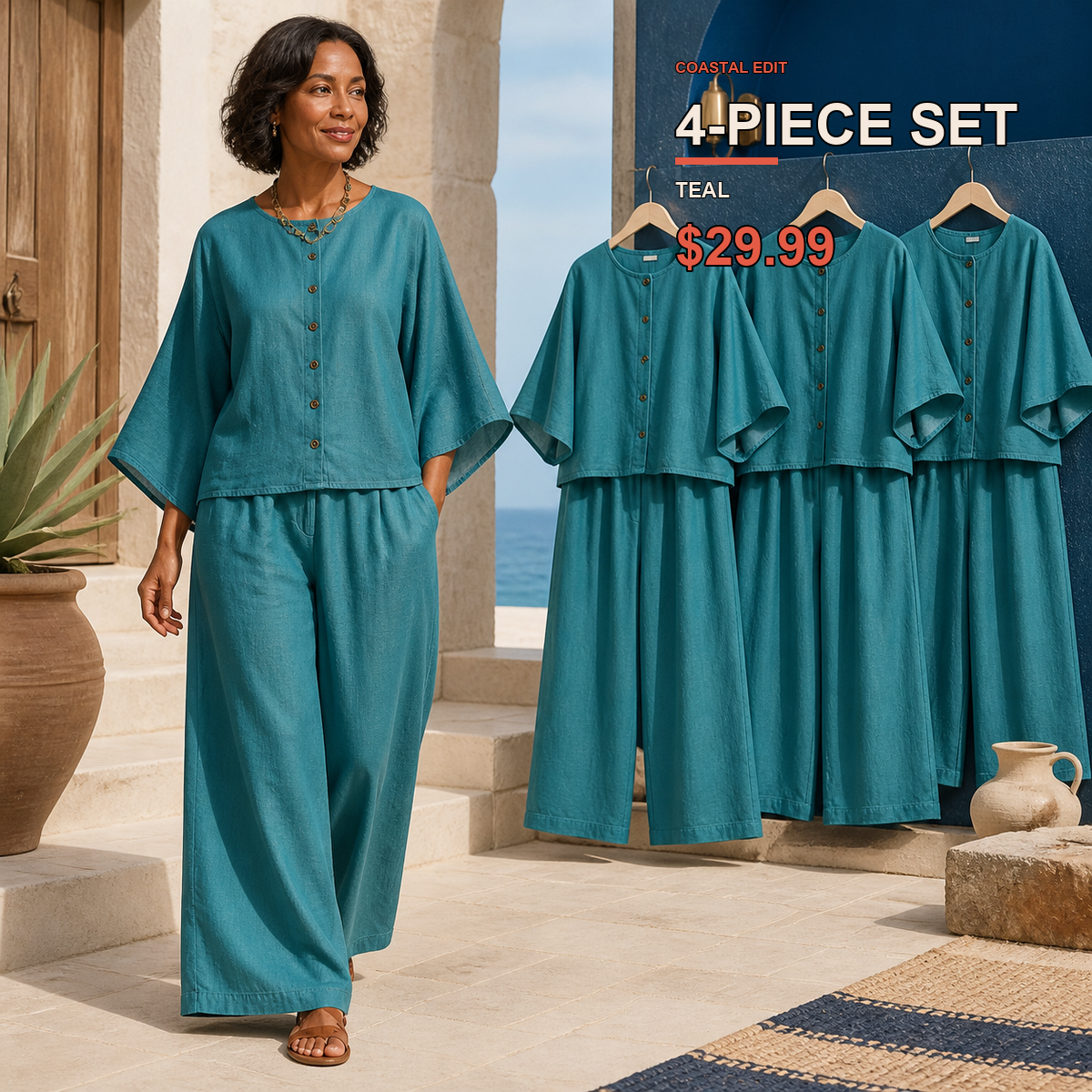 Two-Piece Multi-Pack Deal | Women's Relaxed Button-Front Top and Wide-Leg Pants Set