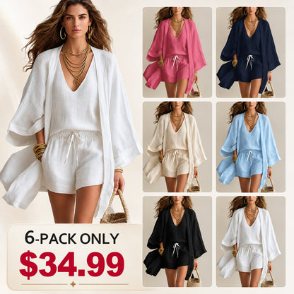 ⏰Clearance Sale⚡6-Pack Only $34.99⚡Women's Minimalist Cotton And Linen Wide-leg Pants Three-piece Set