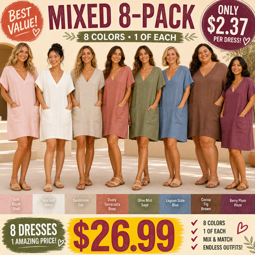Pack & Save 8-Pack Women's Linen-Feel V-Neck Pocket Mini Dresses, Relaxed Batwing Sleeve Casual Fit
