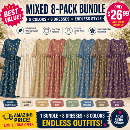 Pack & Save 8-Pack Women's Printed Round-Neck Empire-Waist Midi Dresses, Relaxed Casual Pocket Fit