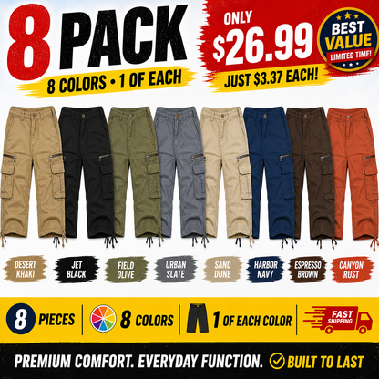 Limited Deal 8-Pack Men's Cropped Cargo Capri Pants, Utility Pocket Drawstring Hem Bundle