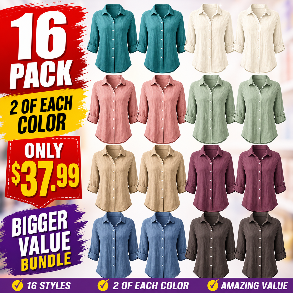 Limited Deal 8-Pack Women's Crinkled Roll-Tab Button Front Blouses