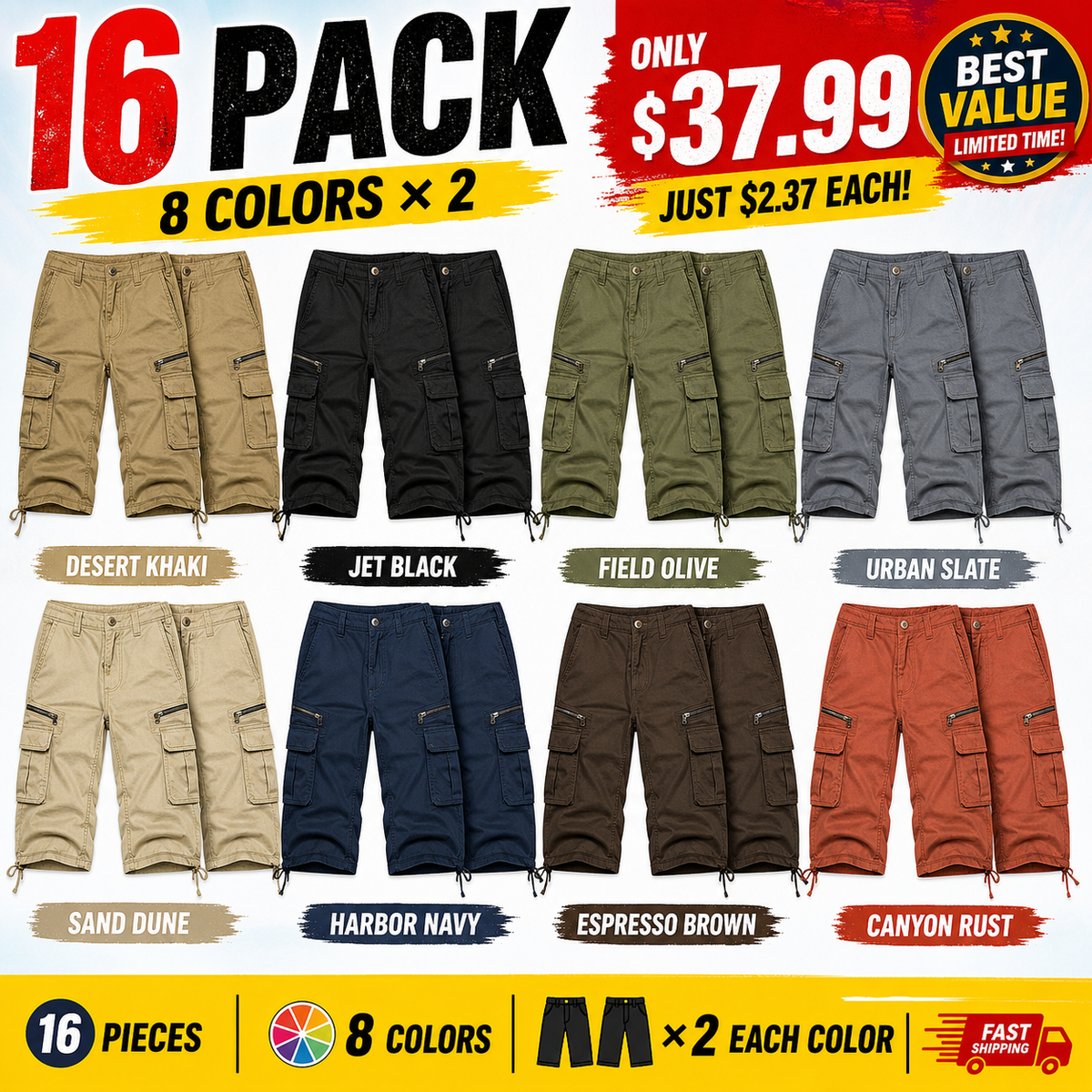 Limited Deal 8-Pack Men's Cropped Cargo Capri Pants, Utility Pocket Drawstring Hem Bundle