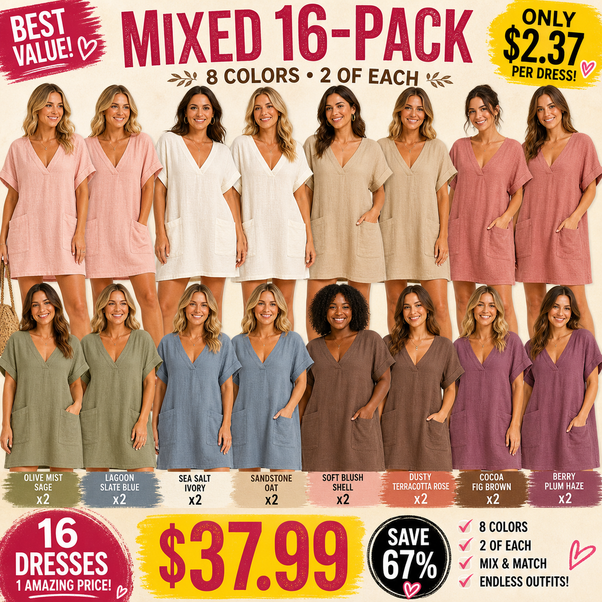 Pack & Save 8-Pack Women's Linen-Feel V-Neck Pocket Mini Dresses, Relaxed Batwing Sleeve Casual Fit