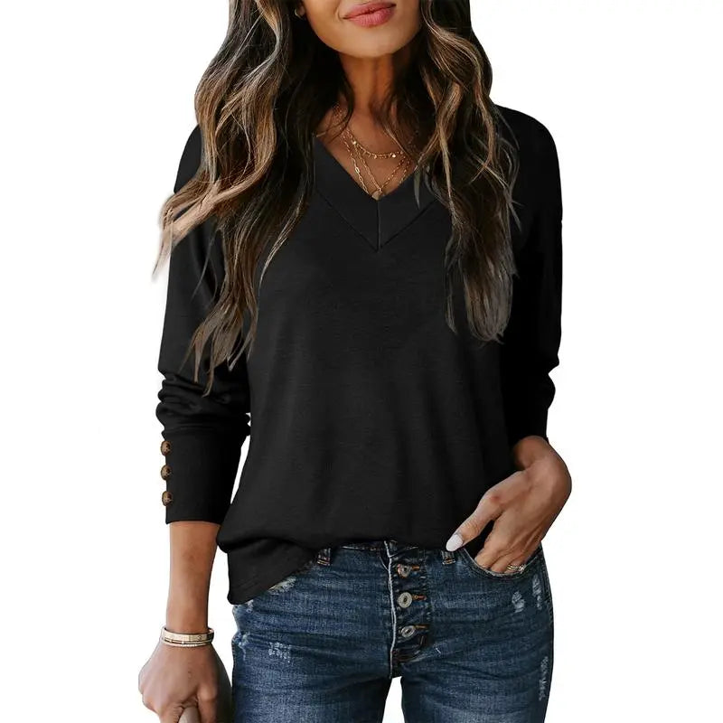 Women's Casual Long Sleeve V-Neck Pullover Shirts Loose Fit Lightweight Knit Tops