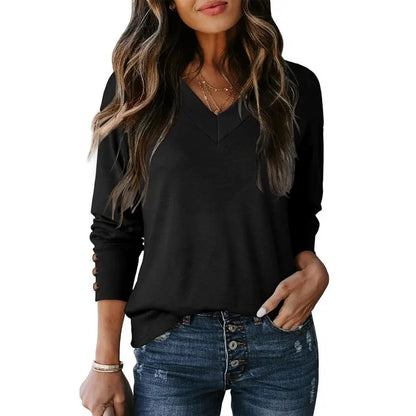 Women's Casual Long Sleeve V-Neck Pullover Shirts Loose Fit Lightweight Knit Tops
