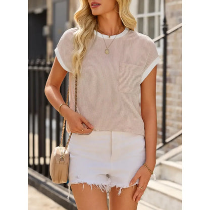 ❤️Women's Crewneck Short Sleeve Color Block Ribbed Knitwear Slim Fitted Blouses Tops