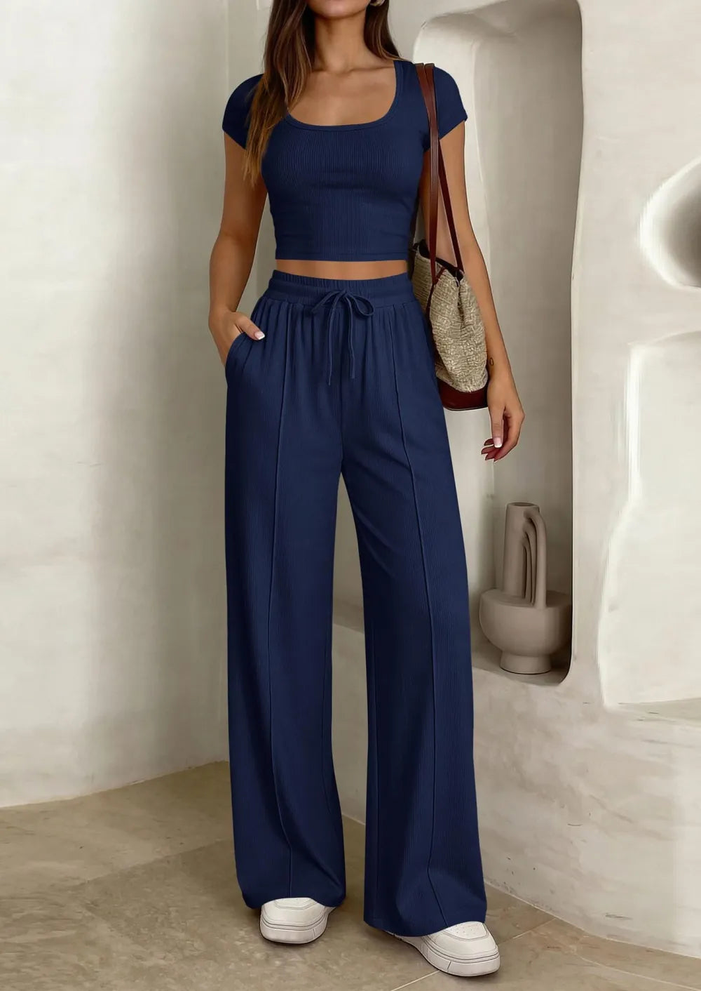 ⚡FINAL SALE⚡ Women's 2 Piece Outfits Square Neck Crop Top High Waist Wide Leg Pants Loungewear Set