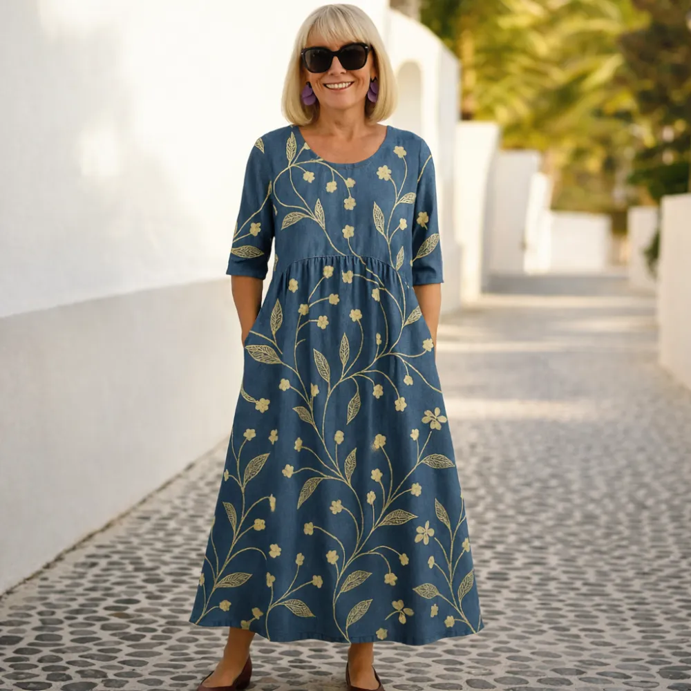 Pack & Save 8-Pack Women's Printed Round-Neck Empire-Waist Midi Dresses, Relaxed Casual Pocket Fit