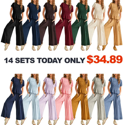 ⚡FINAL SALE⚡ Women’s  2-Piece Smocked Top & Wide-Leg Pants Set
