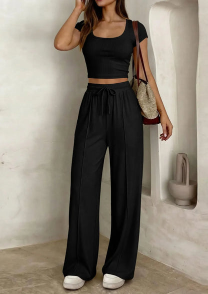 ⚡FINAL SALE⚡ Women's 2 Piece Outfits Square Neck Crop Top High Waist Wide Leg Pants Loungewear Set