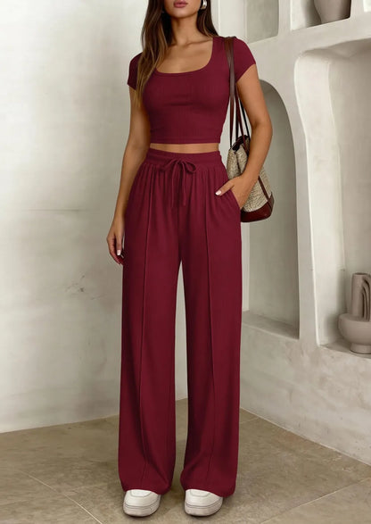 ⚡FINAL SALE⚡ Women's 2 Piece Outfits Square Neck Crop Top High Waist Wide Leg Pants Loungewear Set