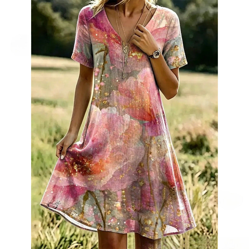Women’s Boho Floral Print V-Neck Summer Dress – Lightweight Vacation Beach Midi Dress