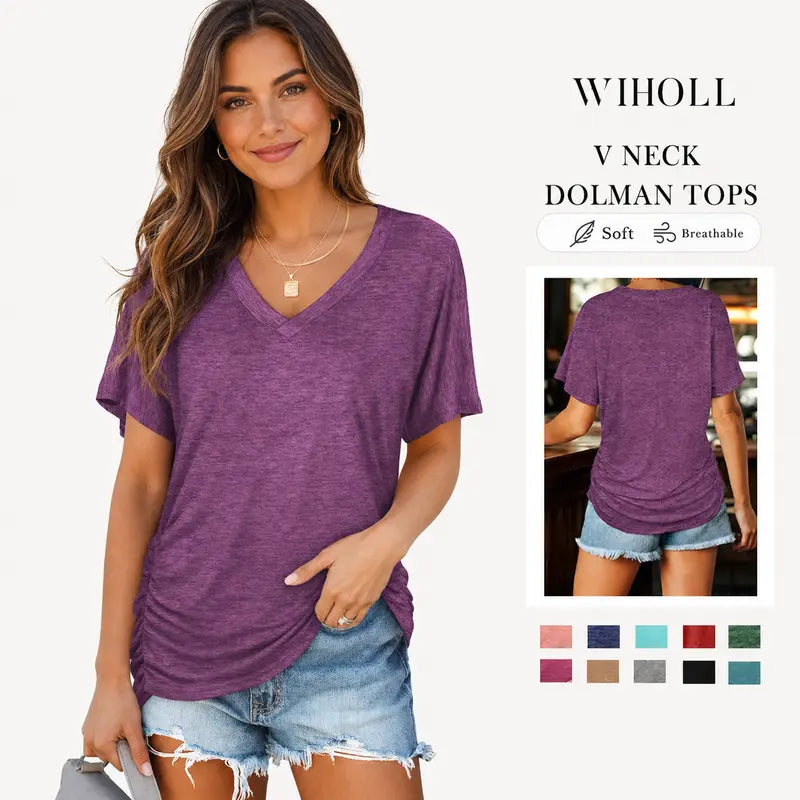 SwimWeek Womens Short Sleeve V Neck Dolman Tops with Side Shirring Loose Fit Shirts