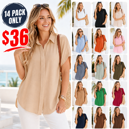 Women's Tops Dressy Casual V Neck Button Down Shirts Solid Short Sleeve Blouses Oversized Fit Batwing Collared Baggy Minimalist Style