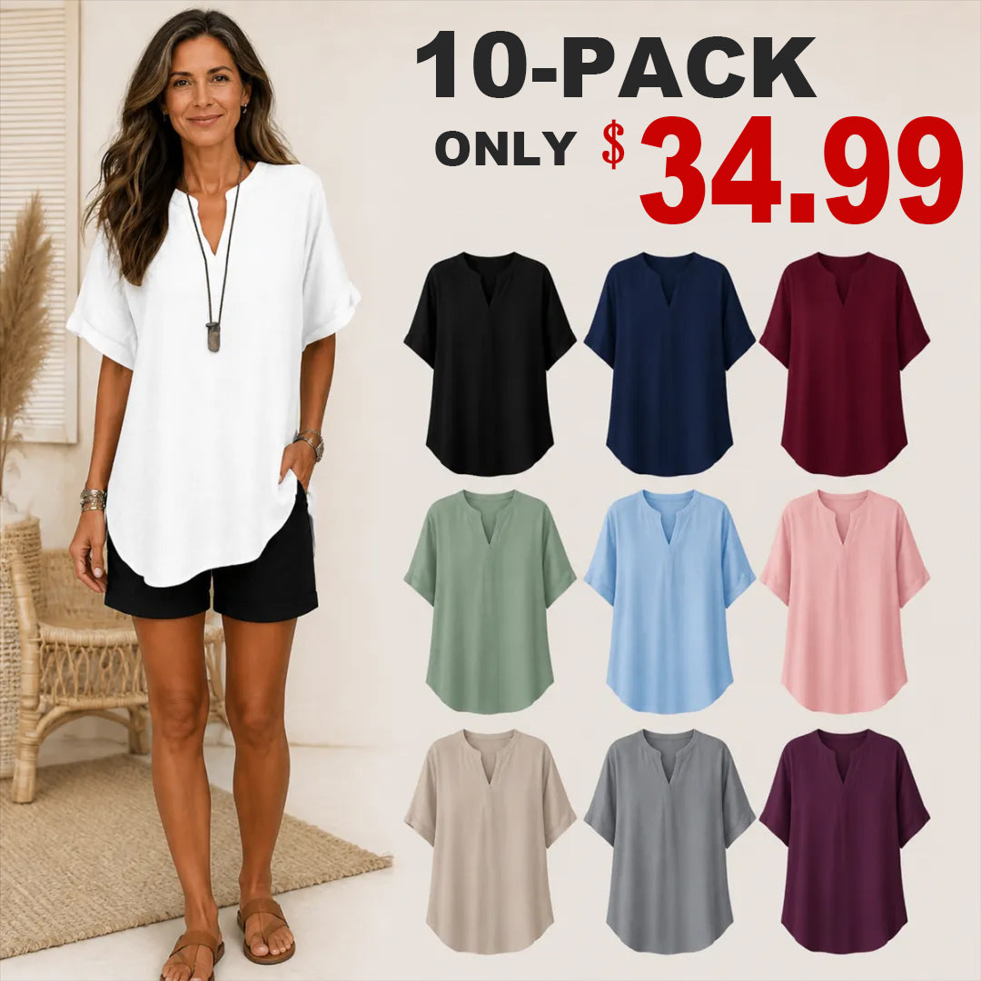 🔥Special Offer Event⚡10-Pack for Only $34.99⚡Women’s Loose-Fit Cotton-Linen Short-Sleeve Top with V-Neck and Rounded Hem