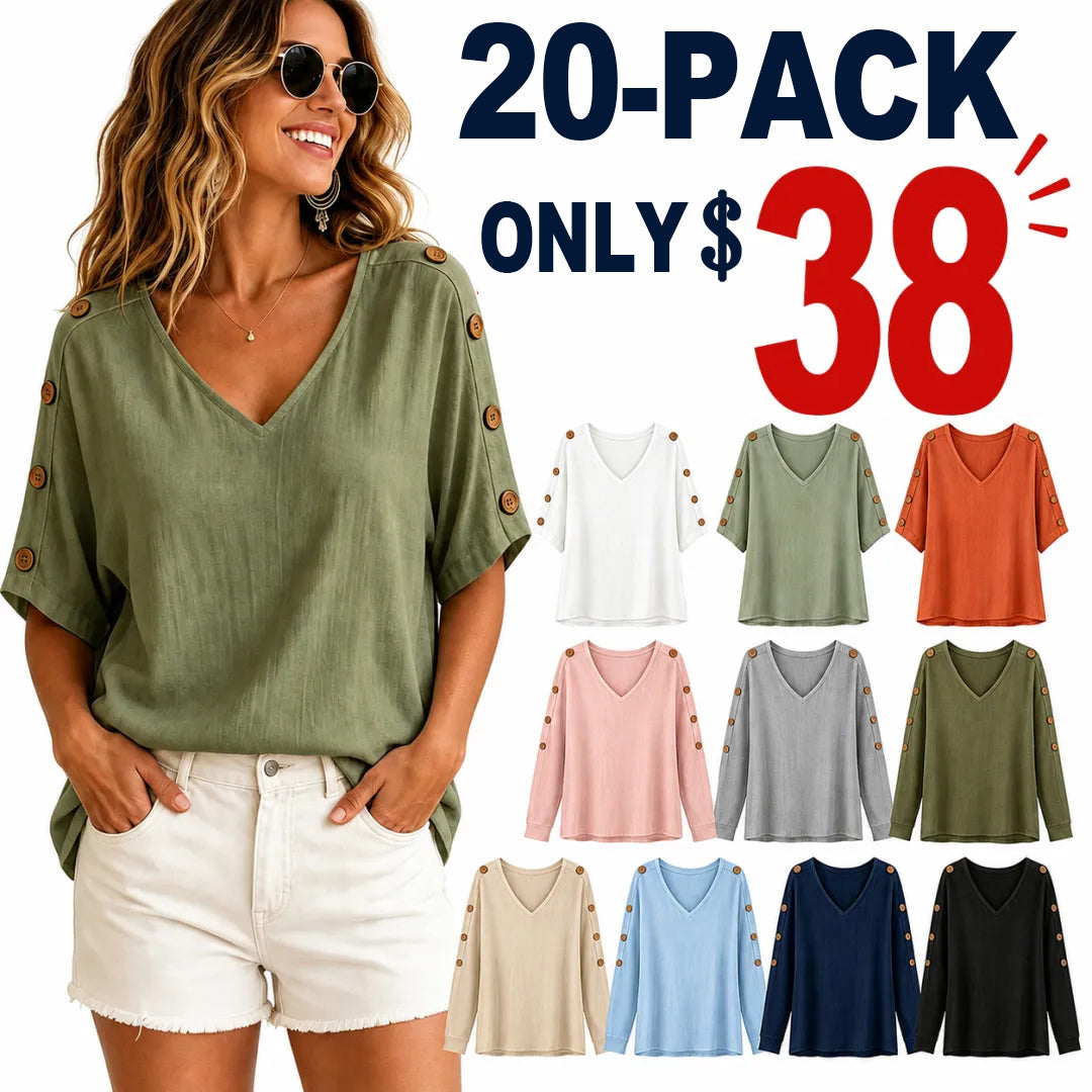 ⏰Clearance Sale⚡20-Pack Only $38⚡Women's V-Neck Button Sleeve Linen Blouse