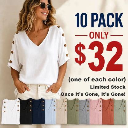 ⏰Clearance Sale⚡20-Pack Only $38⚡Women's V-Neck Button Sleeve Linen Blouse