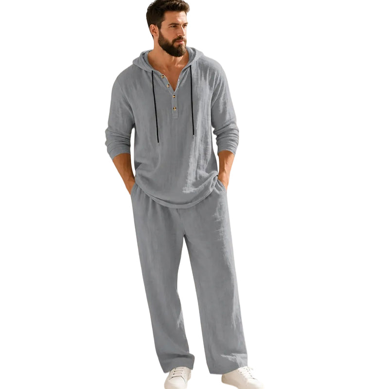 ⏰Clearance Sale⚡10-Sets Only $37.99 ⚡ Two-Piece Linen Set with Hooded Henley Top and Relaxed Trousers