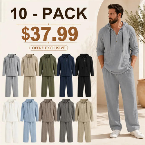 ⏰Clearance Sale⚡10-Sets Only $37.99 ⚡ Two-Piece Linen Set with Hooded Henley Top and Relaxed Trousers