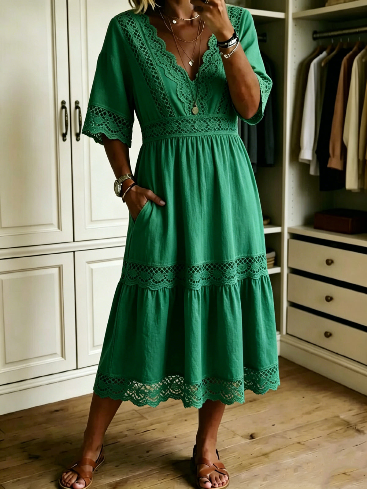 🔥Women's Casual Loose-fitting Patchwork Lace Trim Linen And Cotton Dress