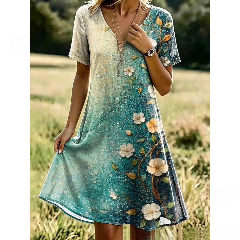 Women’s Boho Floral Print V-Neck Summer Dress – Lightweight Vacation Beach Midi Dress