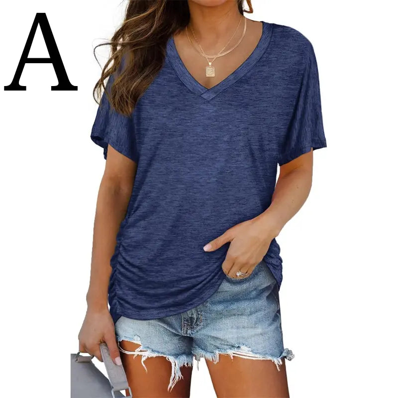 SwimWeek Womens Short Sleeve V Neck Dolman Tops with Side Shirring Loose Fit Shirts