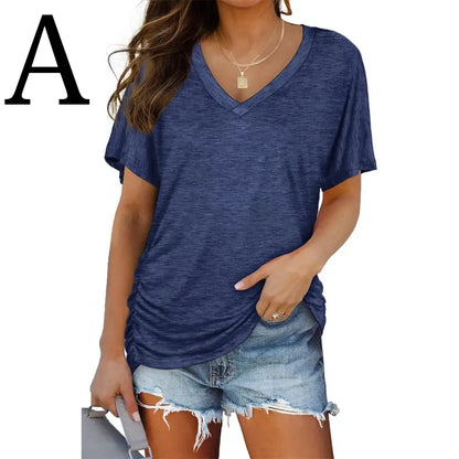 SwimWeek Womens Short Sleeve V Neck Dolman Tops with Side Shirring Loose Fit Shirts
