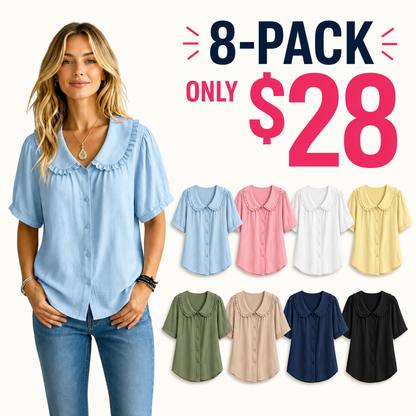 ⏰16-Pack Only $35👕 Women's Ruffle Trim Collared Button-Up Short Sleeve Shirt - Limited Stock Once They’re Gone, They’re Gone!