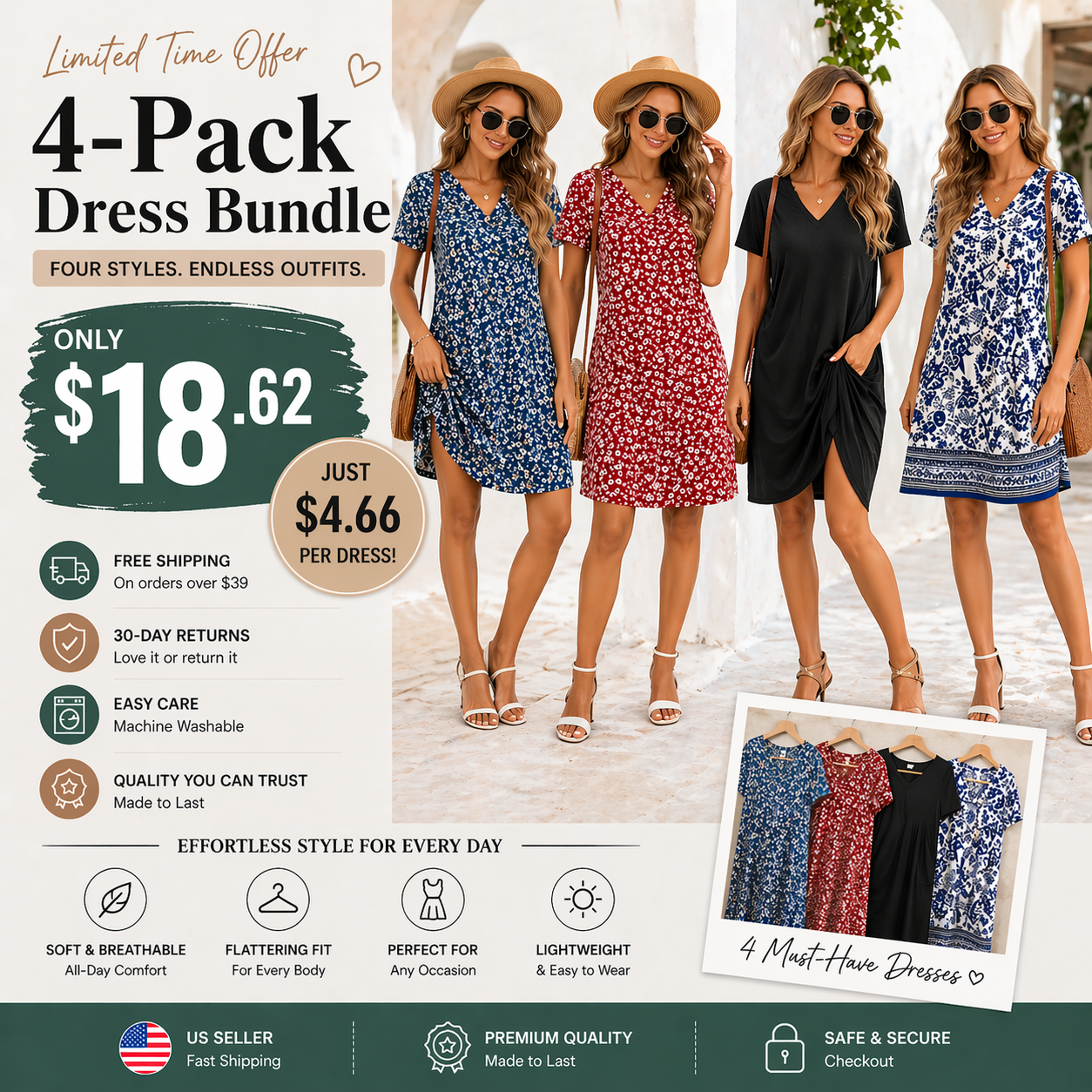 🔥 Women 2026 Casual Summer V Neck Dress Short Sleeve Fashion Beach Vacation Clothes