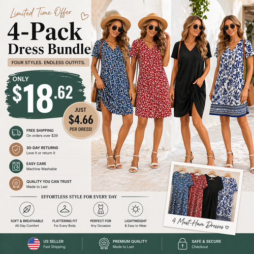 🔥 Women 2026 Casual Summer V Neck Dress Short Sleeve Fashion Beach Vacation Clothes