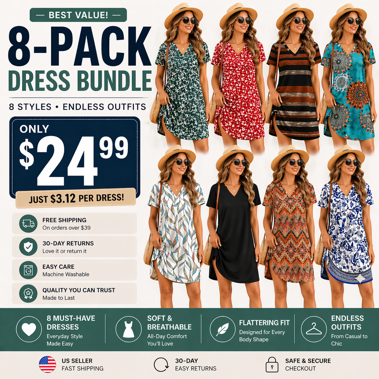 🔥 Women 2026 Casual Summer V Neck Dress Short Sleeve Fashion Beach Vacation Clothes