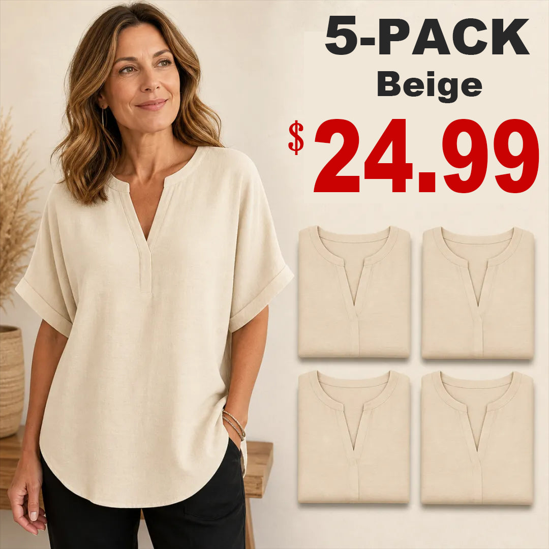 🔥Special Offer Event⚡10-Pack for Only $34.99⚡Women’s Loose-Fit Cotton-Linen Short-Sleeve Top with V-Neck and Rounded Hem