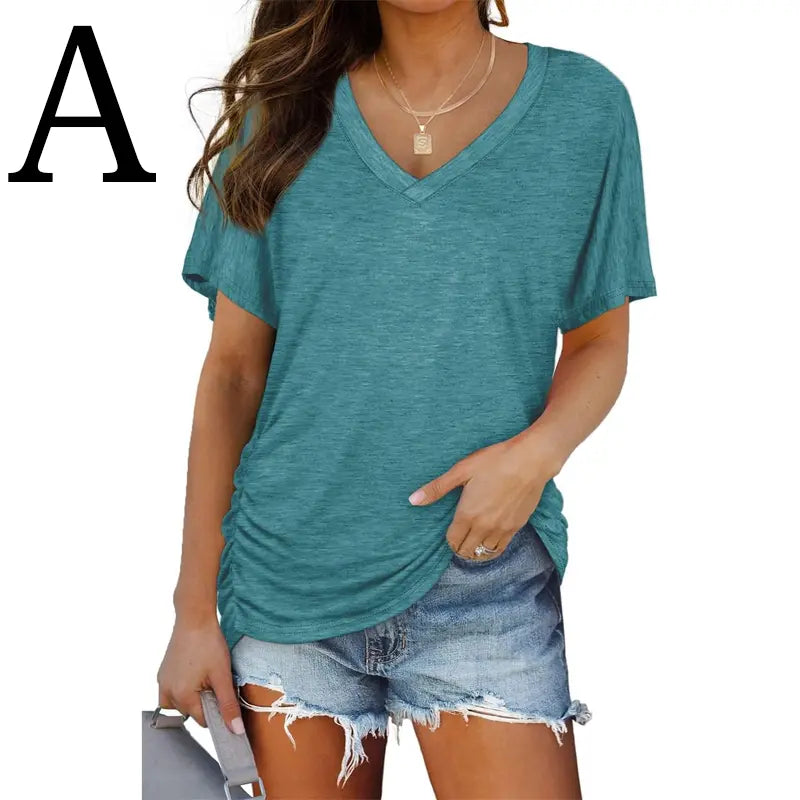 SwimWeek Womens Short Sleeve V Neck Dolman Tops with Side Shirring Loose Fit Shirts
