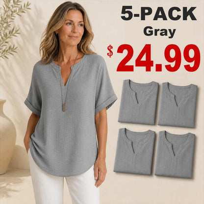 🔥Special Offer Event⚡10-Pack for Only $34.99⚡Women’s Loose-Fit Cotton-Linen Short-Sleeve Top with V-Neck and Rounded Hem
