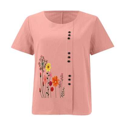 Women’s Floral Print Side Button Top – Casual Elegant Short Sleeve Blouse