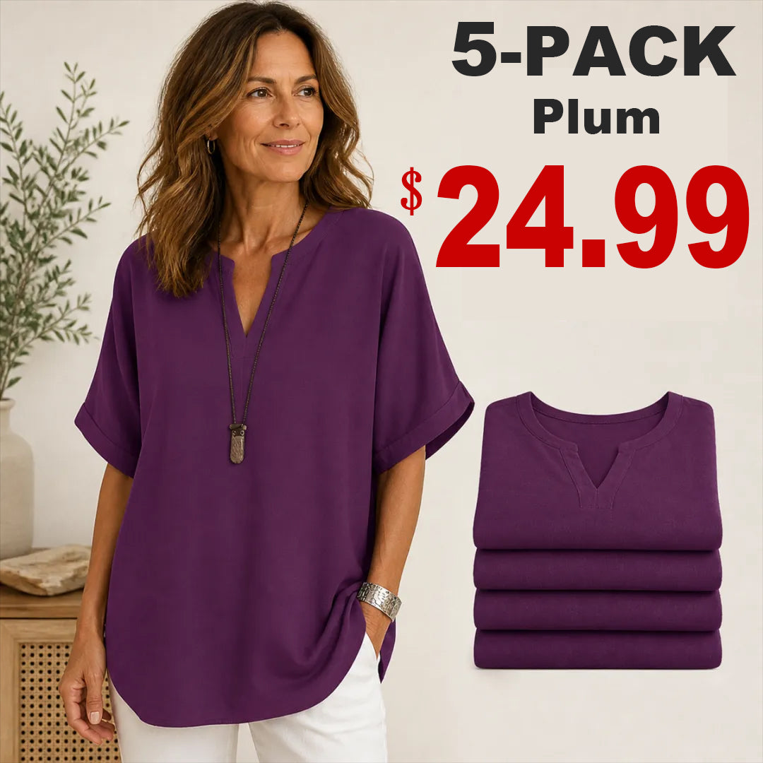 🔥Special Offer Event⚡10-Pack for Only $34.99⚡Women’s Loose-Fit Cotton-Linen Short-Sleeve Top with V-Neck and Rounded Hem
