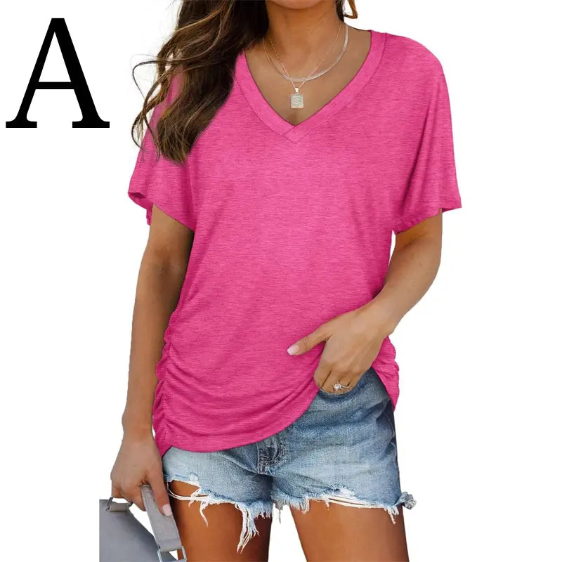 SwimWeek Womens Short Sleeve V Neck Dolman Tops with Side Shirring Loose Fit Shirts