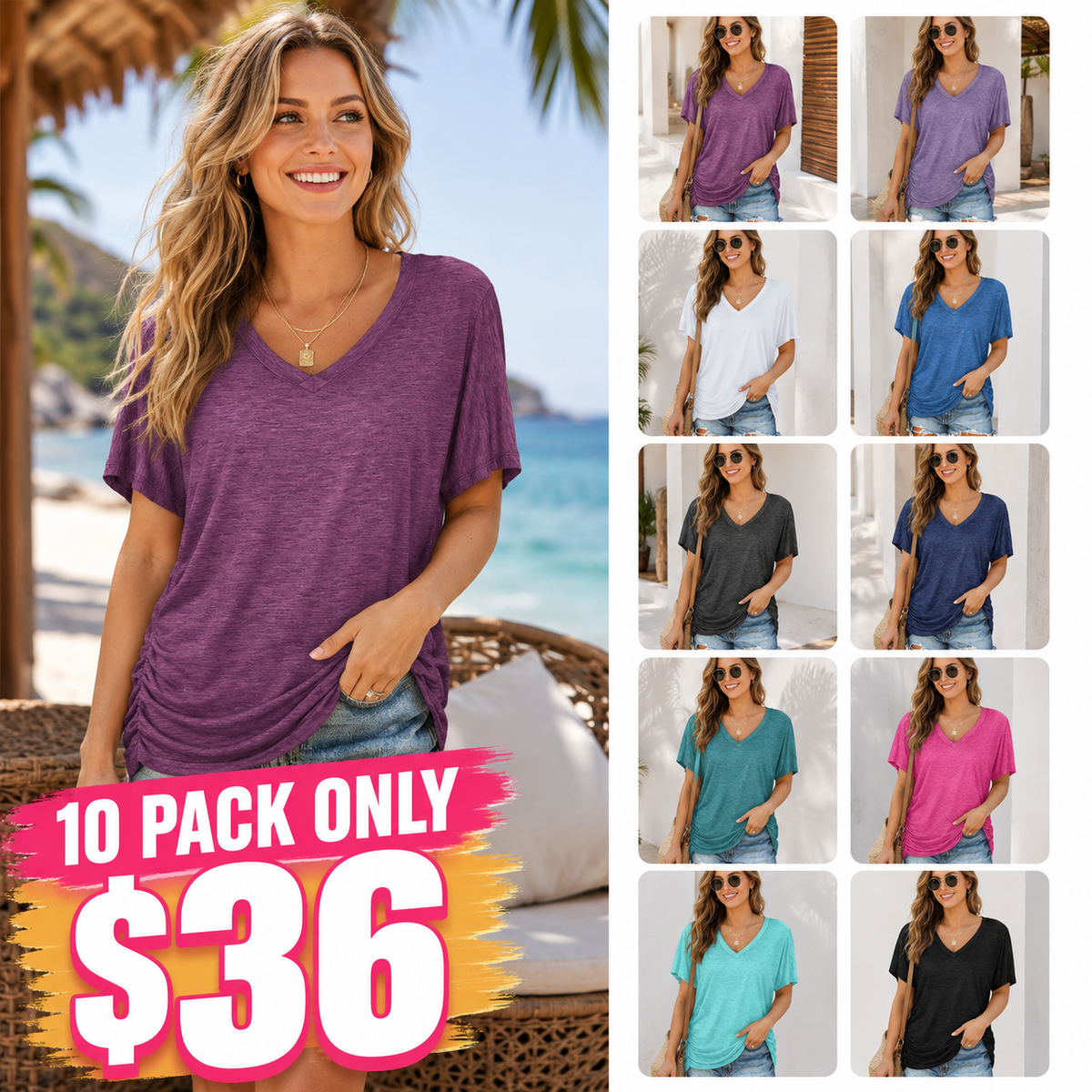 SwimWeek Womens Short Sleeve V Neck Dolman Tops with Side Shirring Loose Fit Shirts