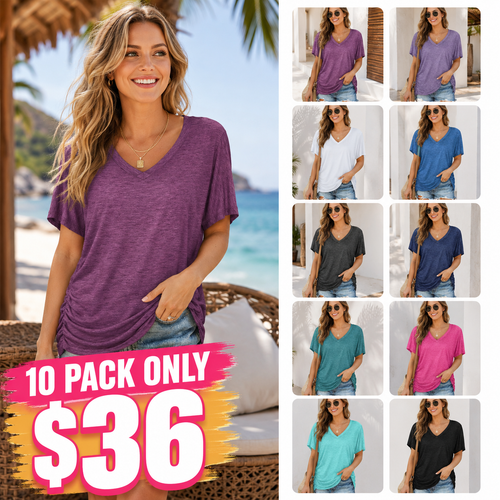 SwimWeek Womens Short Sleeve V Neck Dolman Tops with Side Shirring Loose Fit Shirts