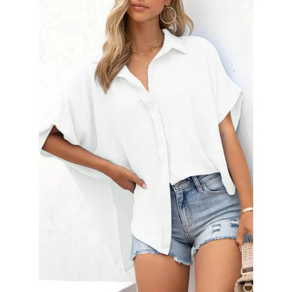 Women's Tops Dressy Casual V Neck Button Down Shirts Solid Short Sleeve Blouses Oversized Fit Batwing Collared Baggy Minimalist Style