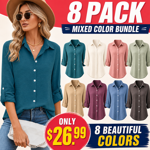 Limited Deal 8-Pack Women's Crinkled Roll-Tab Button Front Blouses