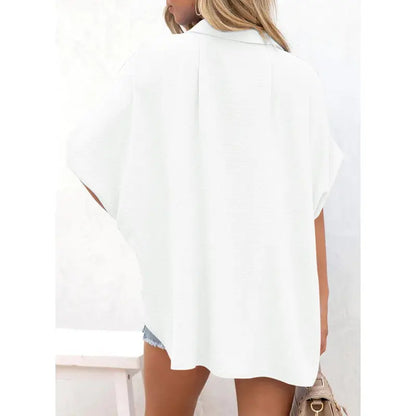 Women's Tops Dressy Casual V Neck Button Down Shirts Solid Short Sleeve Blouses Oversized Fit Batwing Collared Baggy Minimalist Style