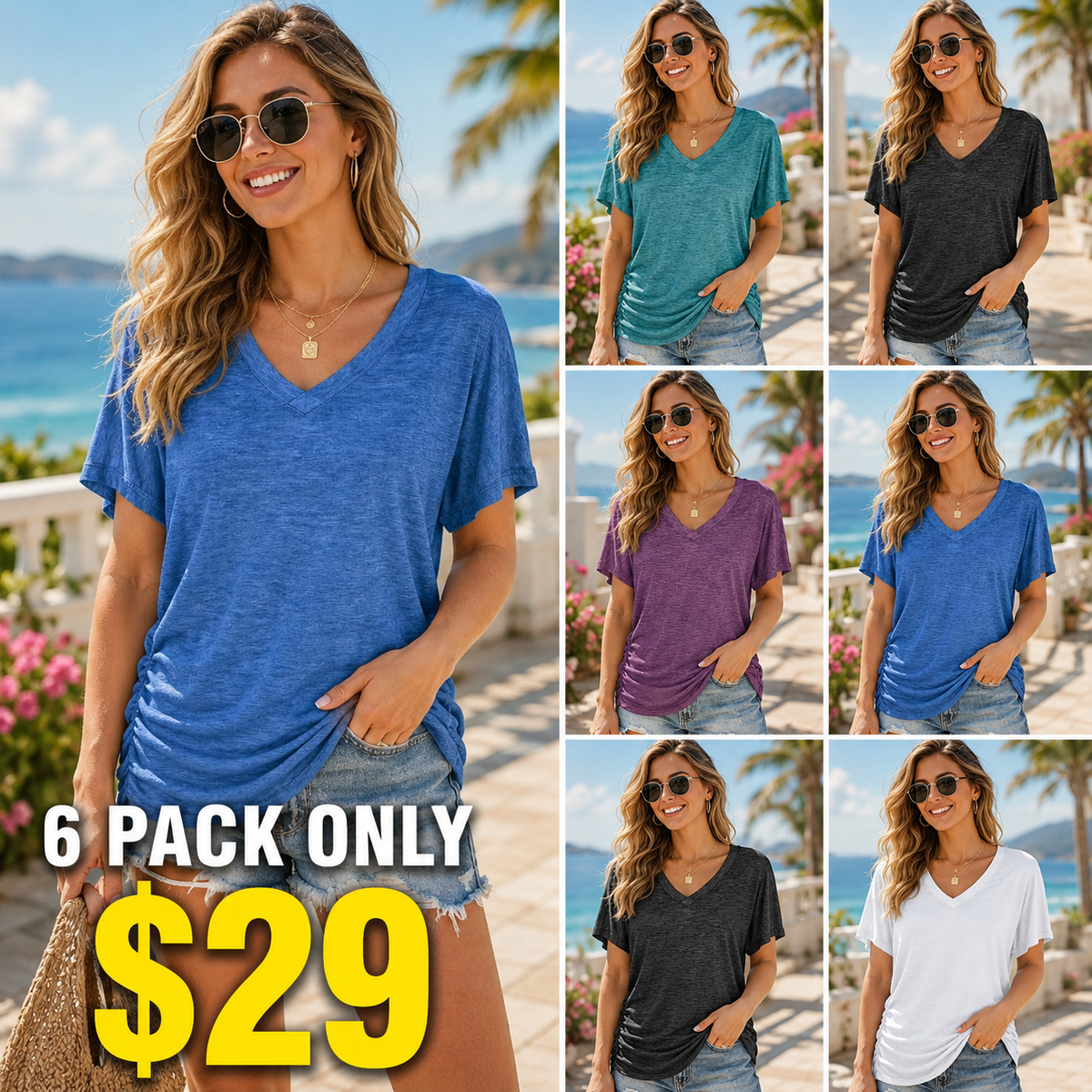 SwimWeek Womens Short Sleeve V Neck Dolman Tops with Side Shirring Loose Fit Shirts